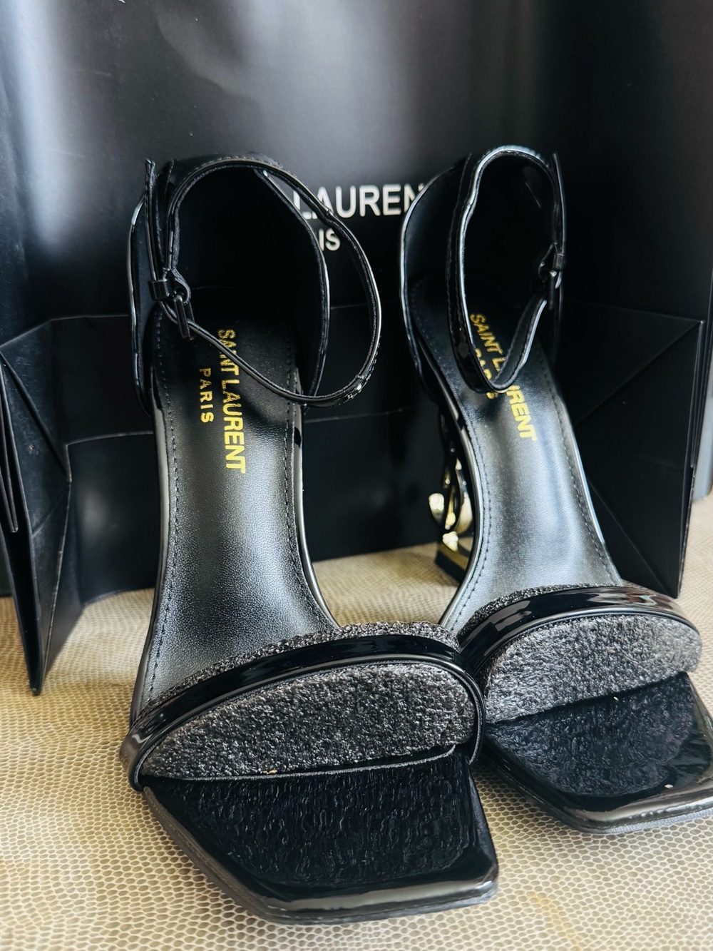 Saint Laurent Black Patent Leather Ankle-Strap Heels with Gold Accent